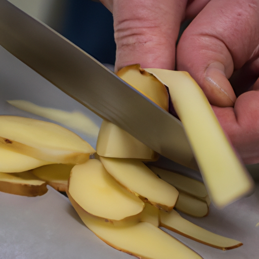 Fresh potatoes being cut into uniform strips for French fries